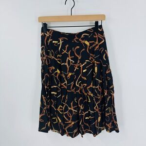 Vintage Ann‎ Taylor Pleated Skirt Black Belt Buckle Print Size 8 Equestiran